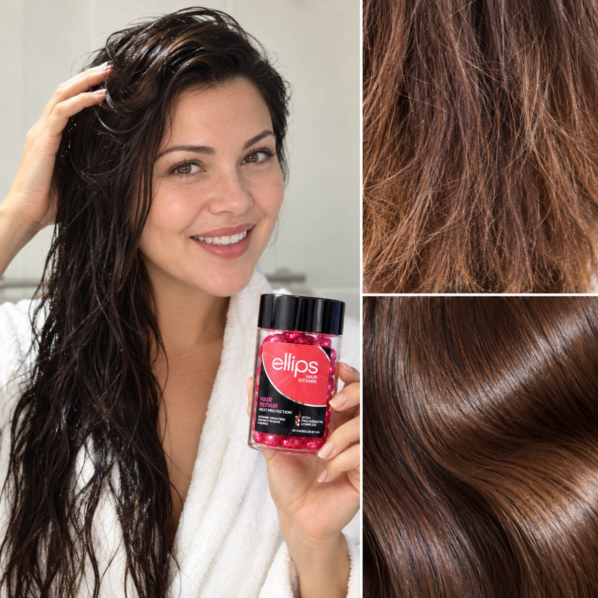 Illustration: kvinna med vått hår som håller en burk Ellips Hair Repair, bredvid torra, frissiga längder och slätt, glansigt hår