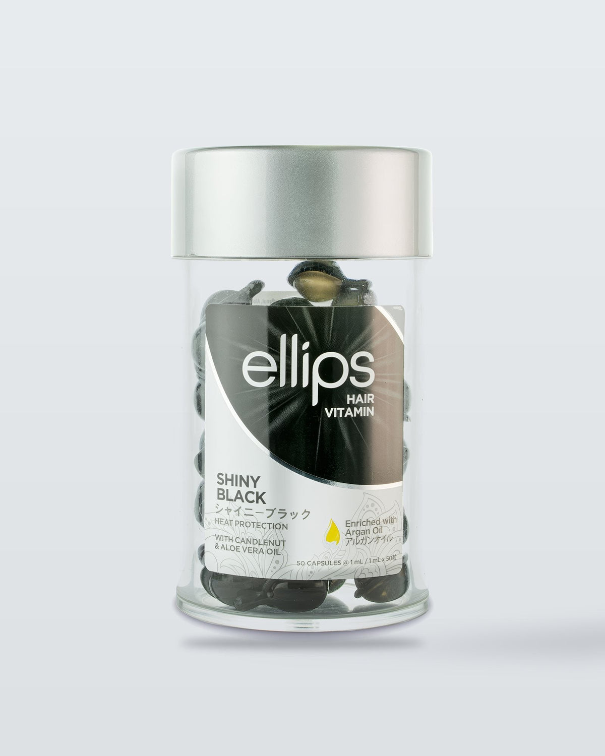 En burk Ellips Shiny Black, hårolja i kapslar