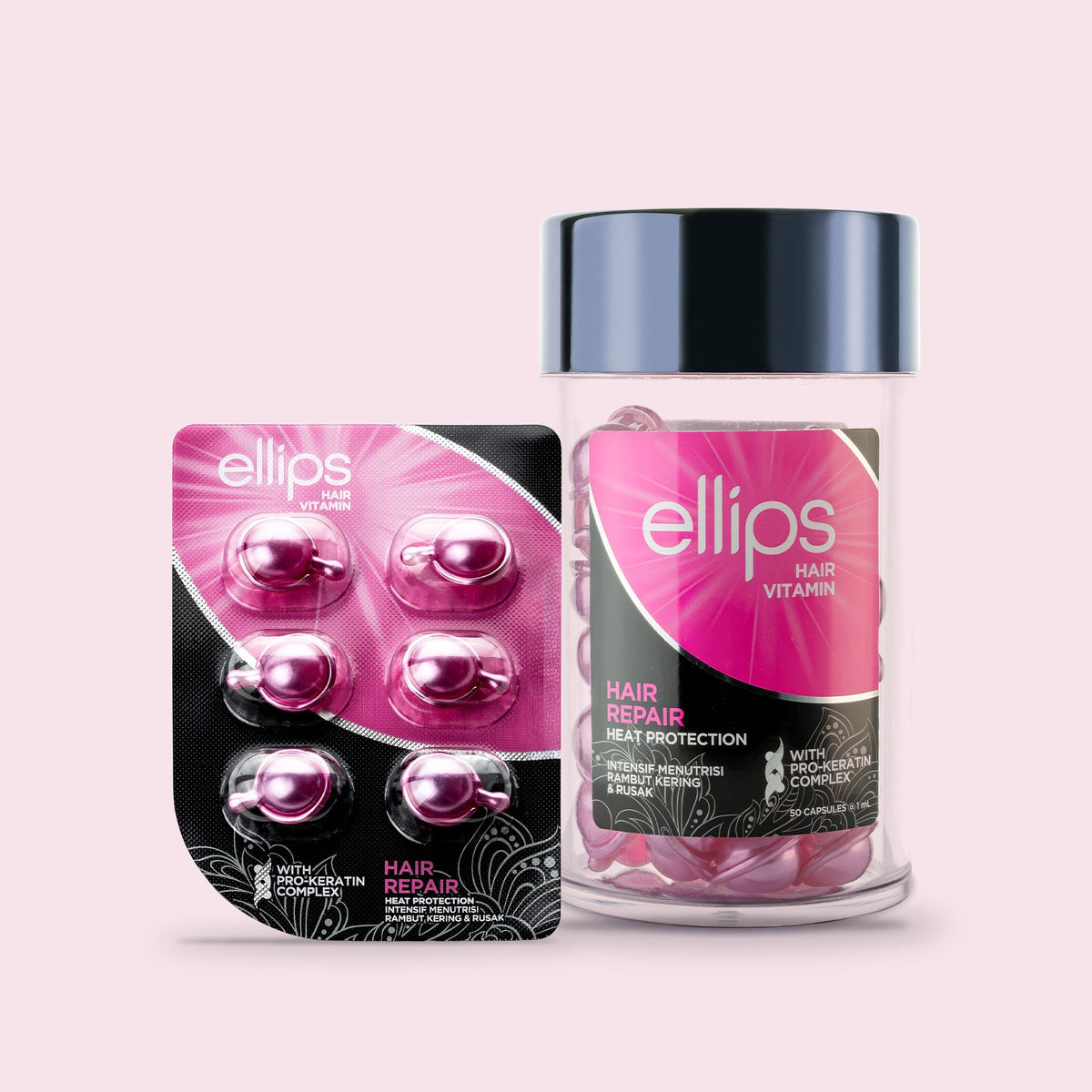 Ellips Hair Repair i provstorlek bredvid burken med 50 kapslar