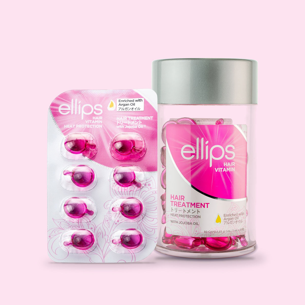 Ellips Hair Treatment i provstorlek bredvid burken med 50 kapslar
