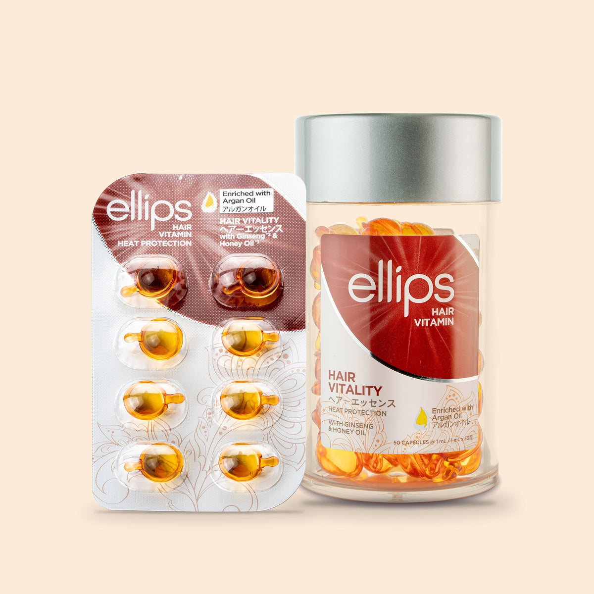 Ellips Hair Vitality i provstorlek bredvid burken med 50 kapslar