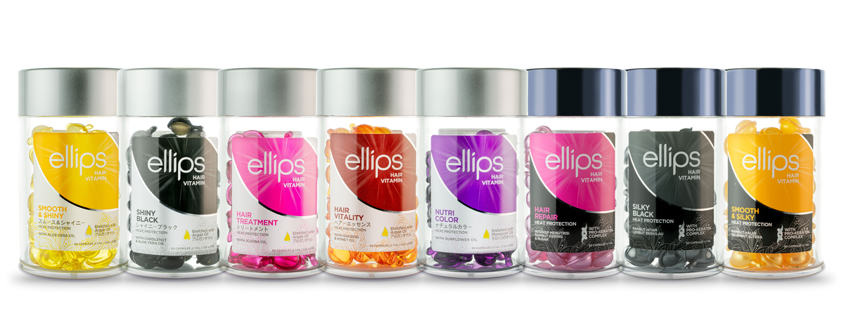Alla åtta burkar Ellips hårolja i kapslar på rad: Smooth & Shiny, Shiny Black, Hair Treatment, Hair Vitality, Nutri Color, Hair Repair, Silky Black och Smooth & Silky