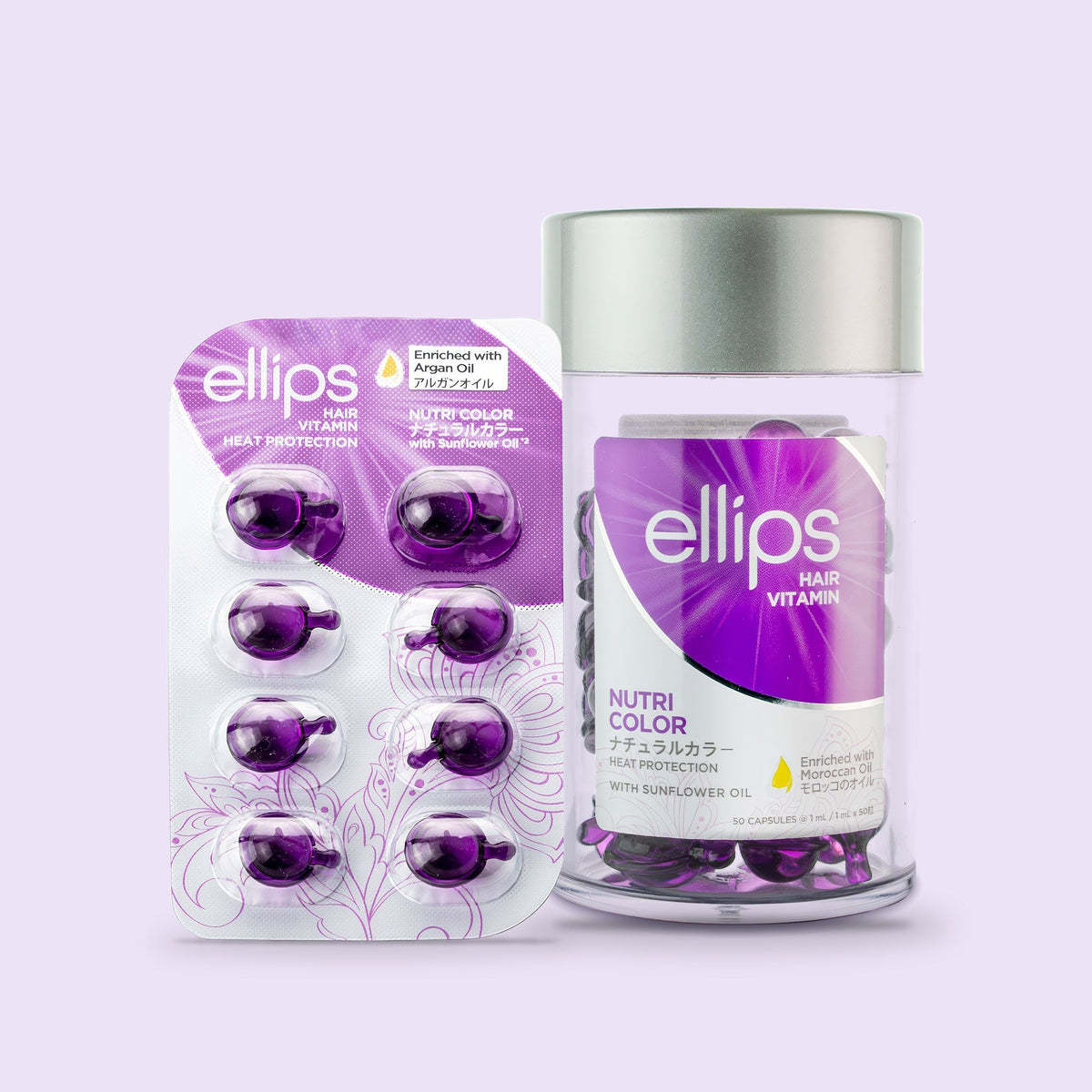 Ellips Nutri Color i provstorlek bredvid burken med 50 kapslar