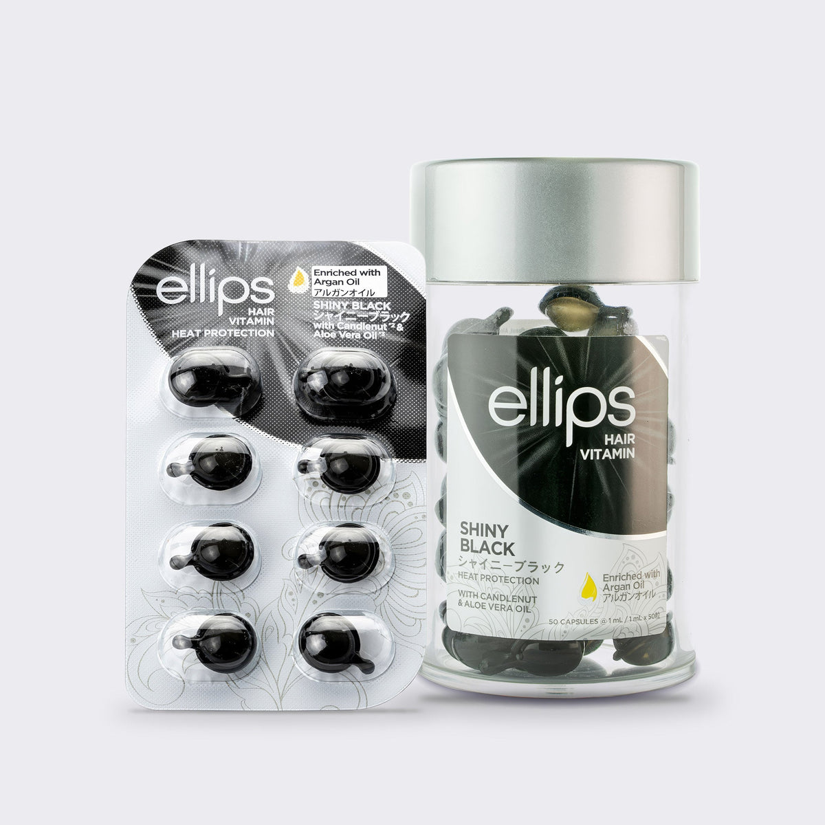 Ellips Shiny Black i provstorlek bredvid burken med 50 kapslar