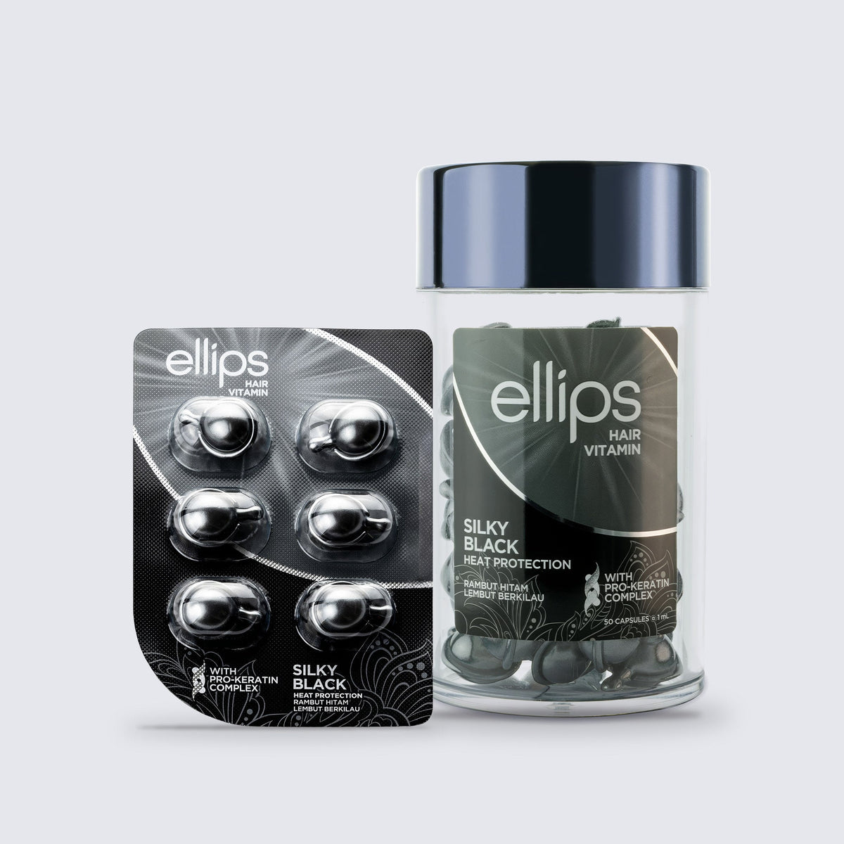 Ellips Silky Black i provstorlek bredvid burken med 50 kapslar