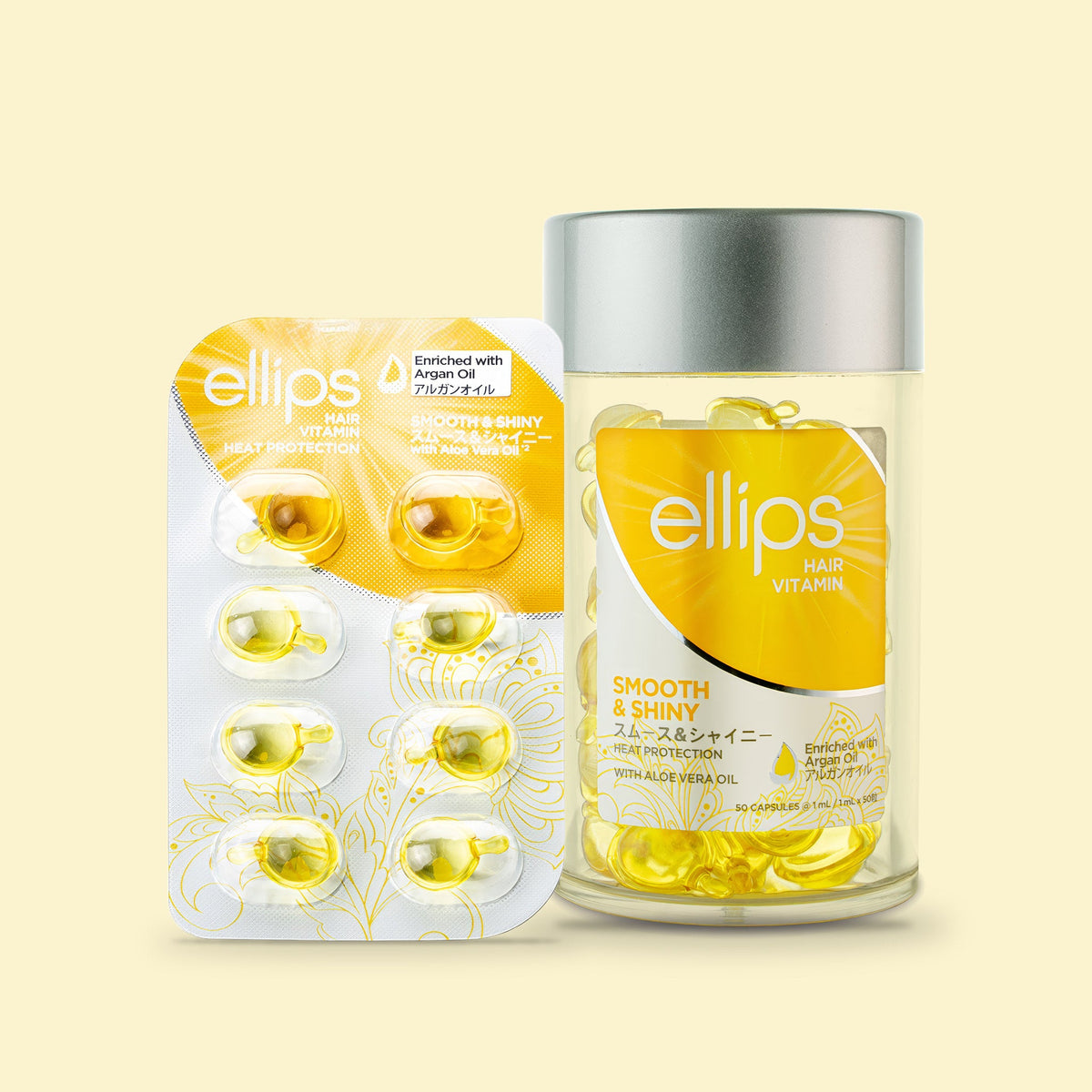 Ellips Smooth & Shiny i provstorlek bredvid burken med 50 kapslar