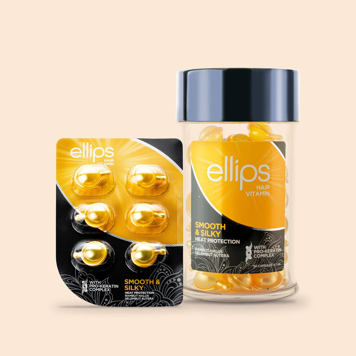 Ellips Smooth & Silky i provstorlek bredvid burken med 50 kapslar