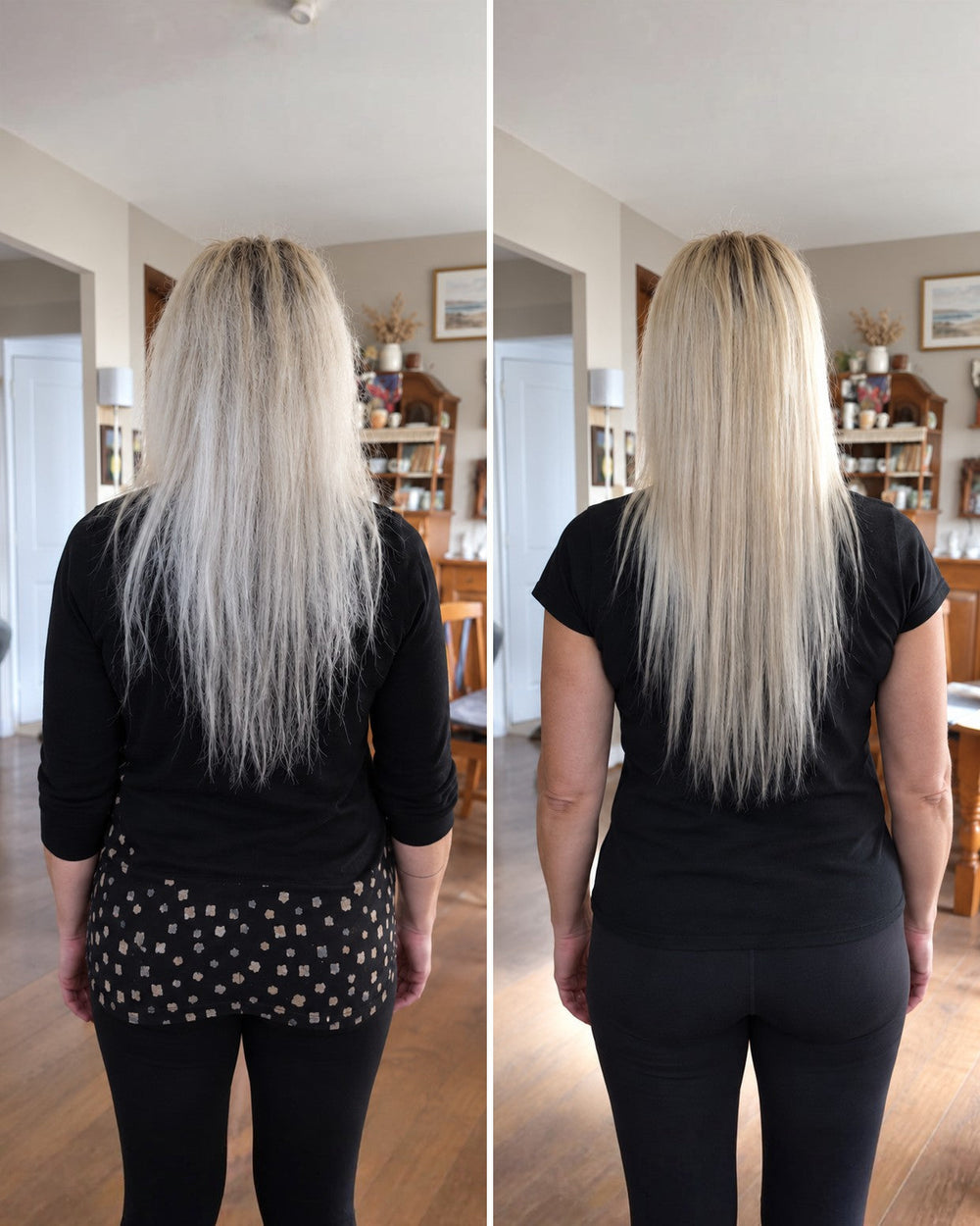 Illustration: skört, frissigt platinablont hår med avbrutna toppar bredvid rakt, slätt och glansigt blont hår