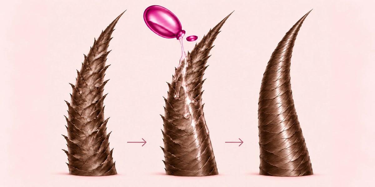 Illustration: oljan från en Ellips Hair Repair-kapsel slätar ut ett strävt, uppruggat hårstrå så att det blir slätt och glansigt