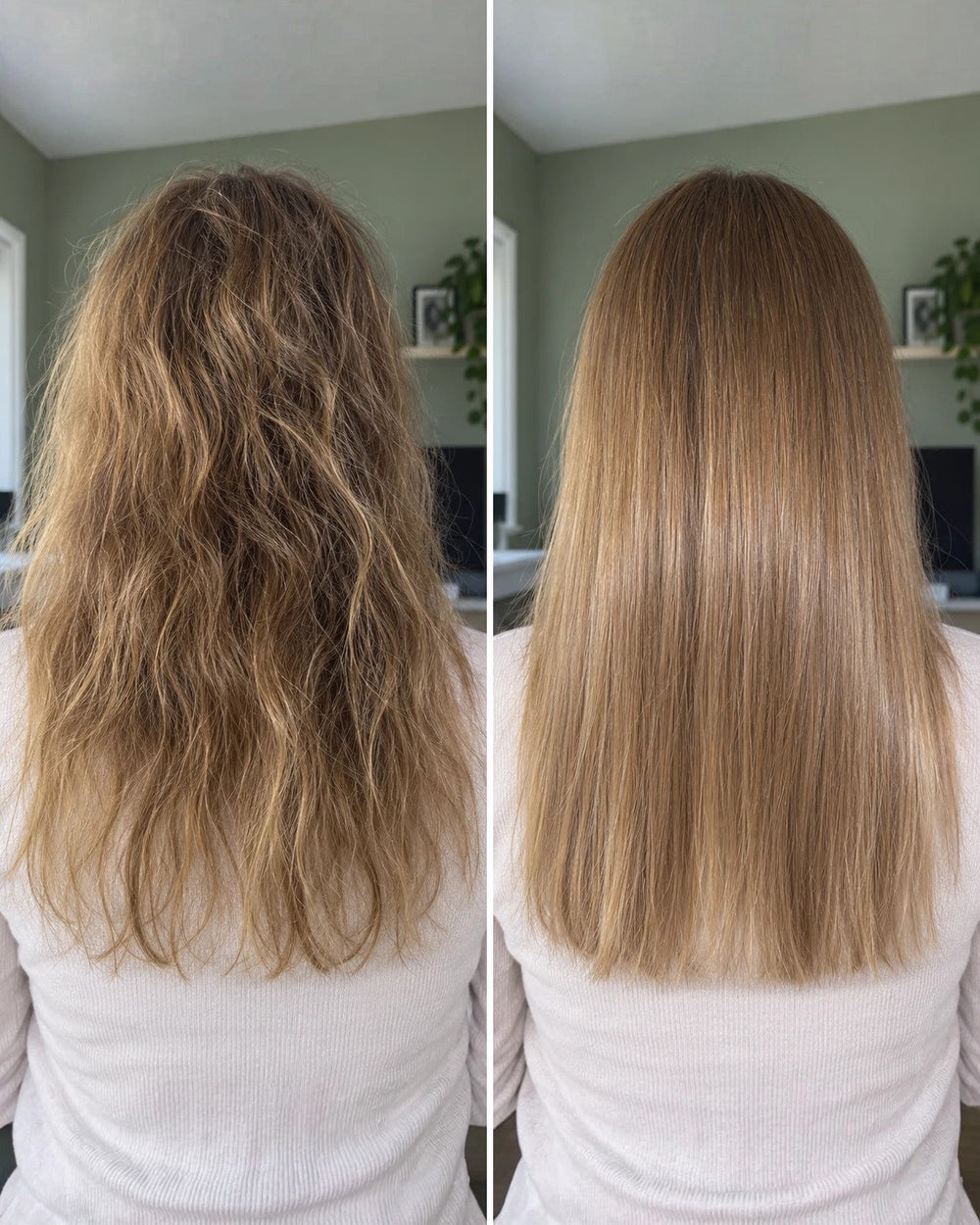 Illustration: frissigt, vågigt ljusbrunt hår bredvid rakt, slätt och glansigt hår, sett bakifrån