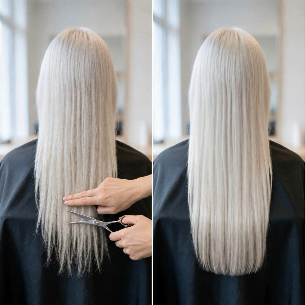 Torra platinablonda toppar som ska klippas bredvid toppar som har slätats med en kapsel Ellips Hair Repair